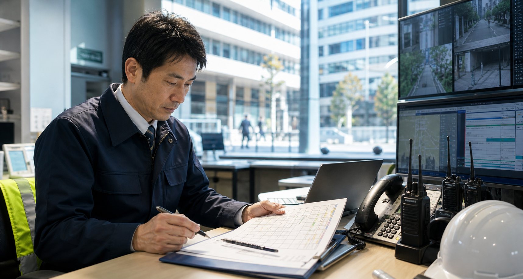 警備会社の管制業務とシフト管理を示す事業承継向け画像