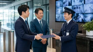 施設警備会社の譲受で常駐現場の引き継ぎを行う様子
