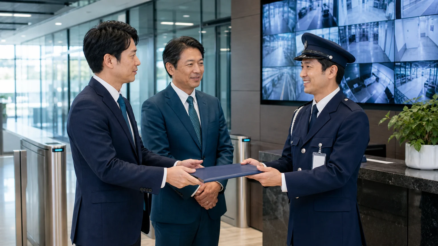 施設警備会社の譲受で常駐現場の引き継ぎを行う様子