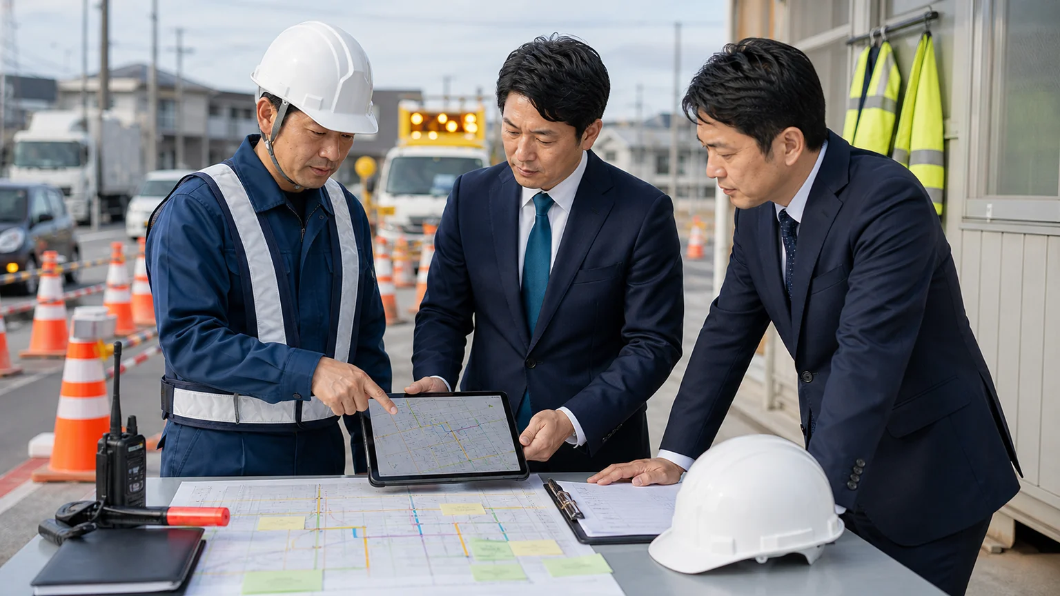 交通誘導警備会社の譲受で工事現場の配置計画を確認する様子