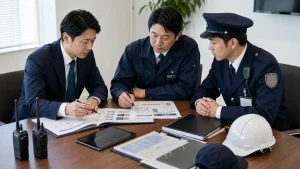 警備会社M&Aのデューデリジェンス資料を確認する経営者と警備担当者