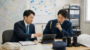 地域密着の警備会社で管制表と現場配置を確認する警備担当者