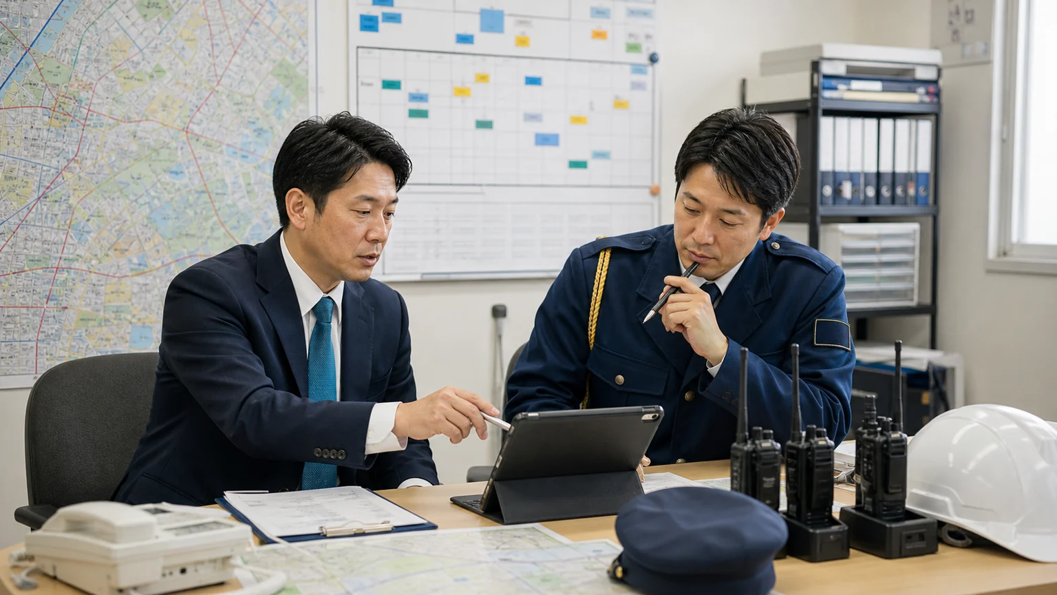 地域密着の警備会社で管制表と現場配置を確認する警備担当者