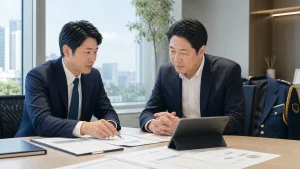 警備会社の売却相談で譲渡企業様手数料0円と成功報酬0円を確認する経営者とアドバイザー