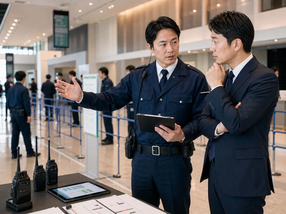 警備会社M&Aでイベント警備の導線計画を確認する様子