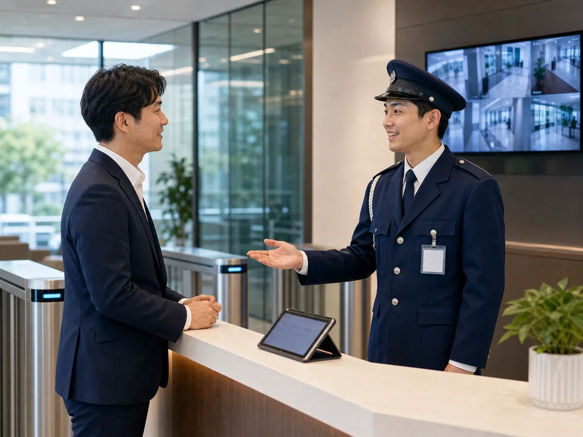 警備会社M&Aで施設警備の契約継続を確認する様子