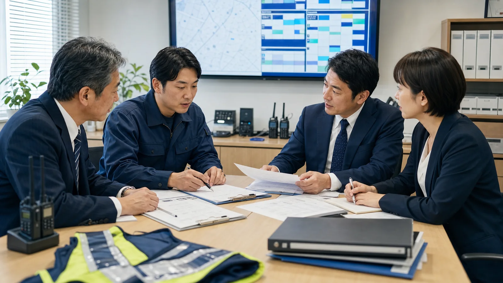 警備会社の管制・シフト引き継ぎ資料を確認している様子