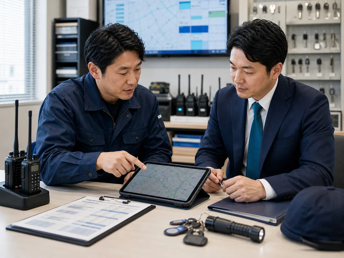 警備会社M&Aで機械警備と巡回業務の引き継ぎを確認する様子