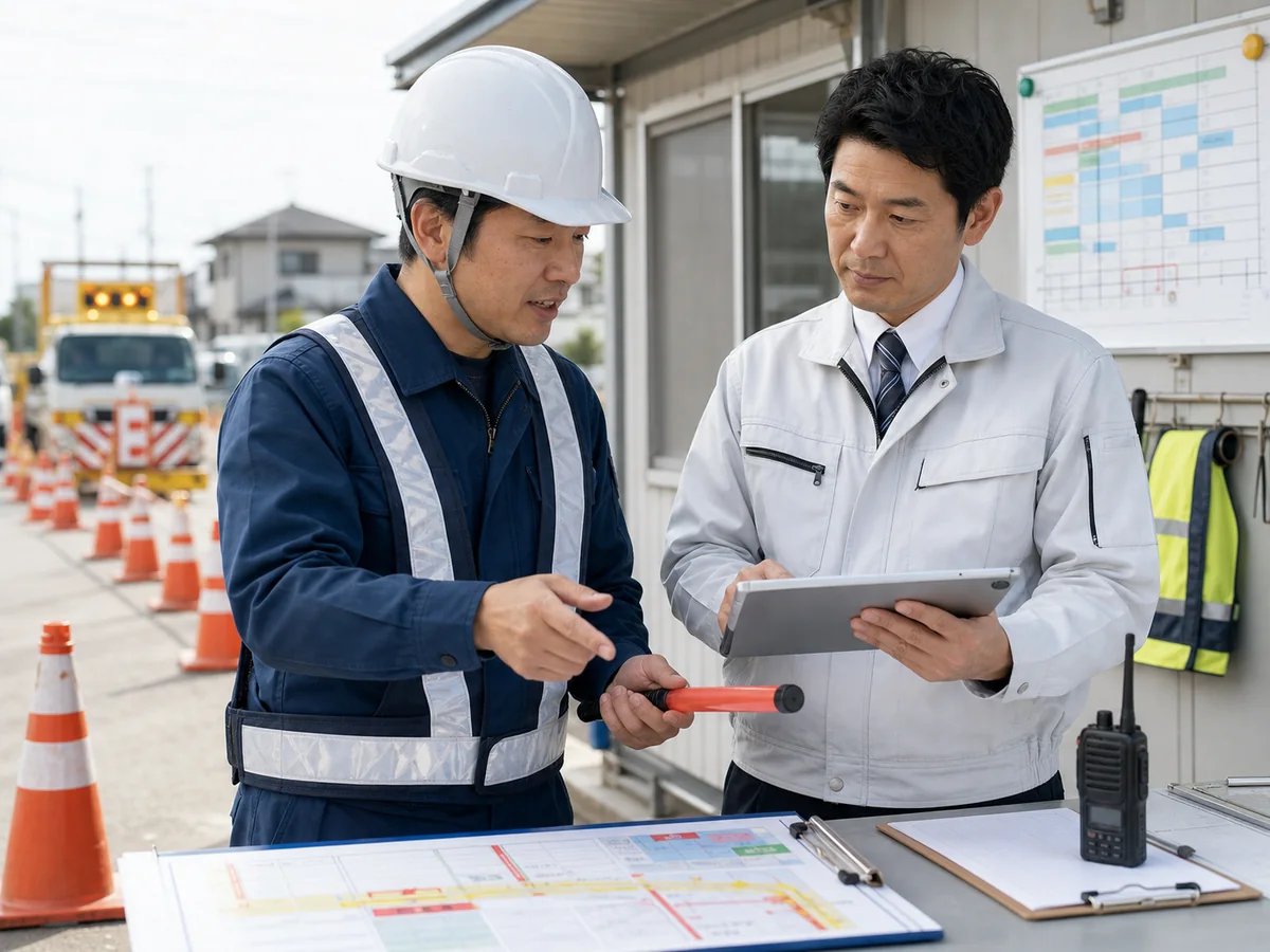 警備会社M&Aで交通誘導警備の配置計画を確認する様子