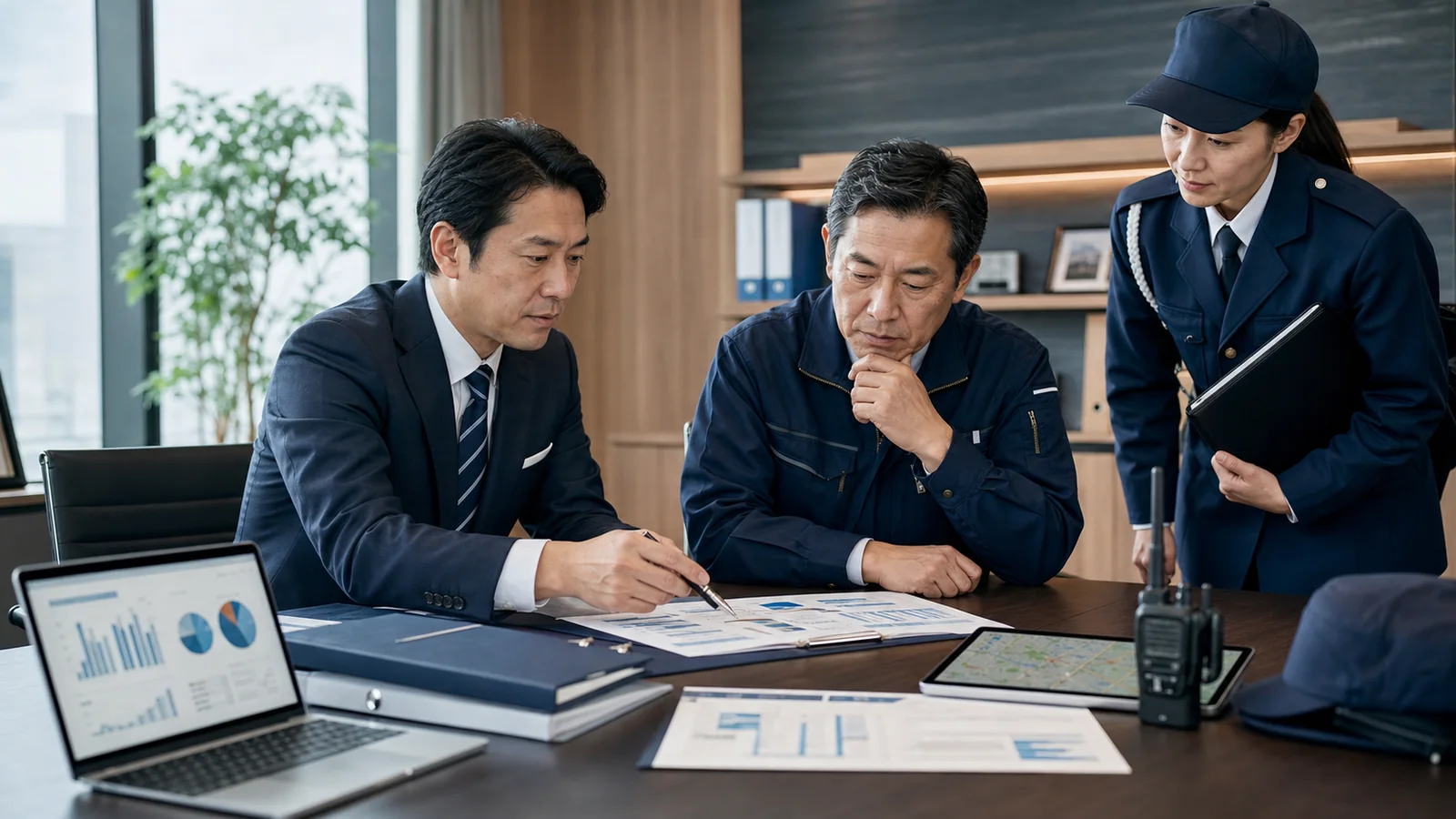 警備会社M&Aの企業価値と承継資料を整理している様子